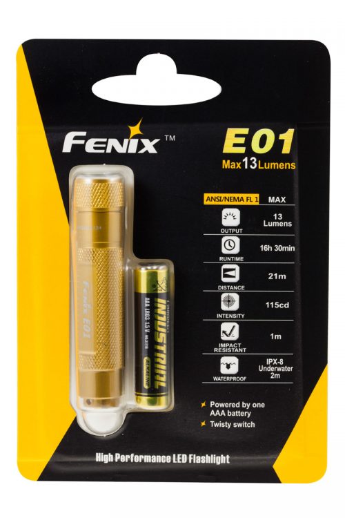 Fenix E01 золотой, упаковка