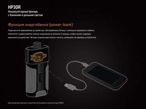 налобный фонарь повышенной яркости в 1750 люмен, работающий на аккумуляторах типа 18650, заряжающийся через USB и способный работать как внешняя батарея.