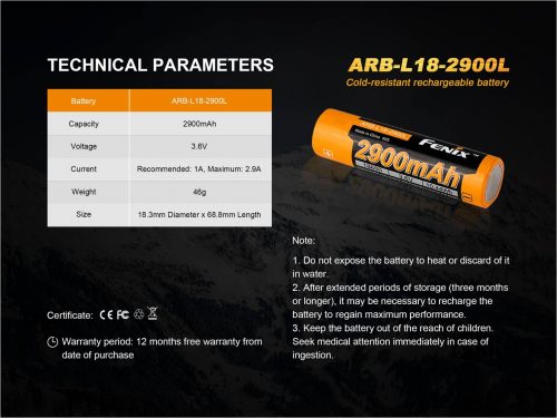 Аккумулятор Fenix ARB-L18-2900L (18650) LI-ION 2900 MAЧ морозоустойчивый